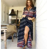 1pcs/lot Women Bohemia V-neck Three Quarter Sleeve Floral Print Ethnic Autumn Beach Boho Long Dress - Lootquake