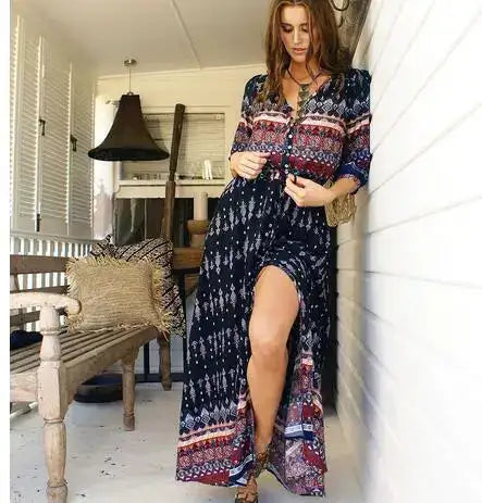 1pcs/lot Women Bohemia V-neck Three Quarter Sleeve Floral Print Ethnic Autumn Beach Boho Long Dress - Lootquake