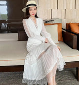 JSXDHK 2024 New Runway Designer Women Black Long Dress Elegant Spring Chiffon Patchwork Lace V Neck Lantern Sleeve Pleated Dress - Lootquake