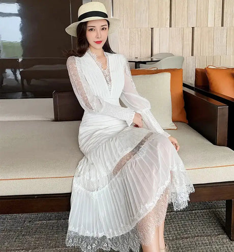 JSXDHK 2024 New Runway Designer Women Black Long Dress Elegant Spring Chiffon Patchwork Lace V Neck Lantern Sleeve Pleated Dress - Lootquake