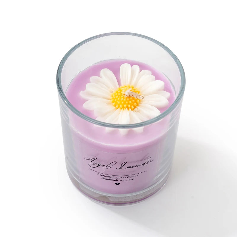 Bougie parfumée au soja violet naturel AIKUN 8 cm x 9 cm, ornée de marguerites blanches, aromathérapie, décoration d'intérieur, cadeau écologique