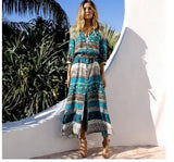 1pcs/lot Women Bohemia V-neck Three Quarter Sleeve Floral Print Ethnic Autumn Beach Boho Long Dress - Lootquake