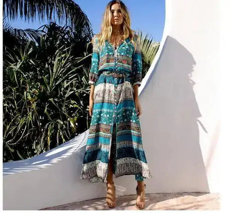 1pcs/lot Women Bohemia V-neck Three Quarter Sleeve Floral Print Ethnic Autumn Beach Boho Long Dress - Lootquake
