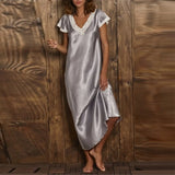 Women Summer Silk Sleepwear Short Sleeve V Neck Homewear Long Dress Nightgowns Sleepwear Sleep Tos Night Dress Underwear - Lootquake