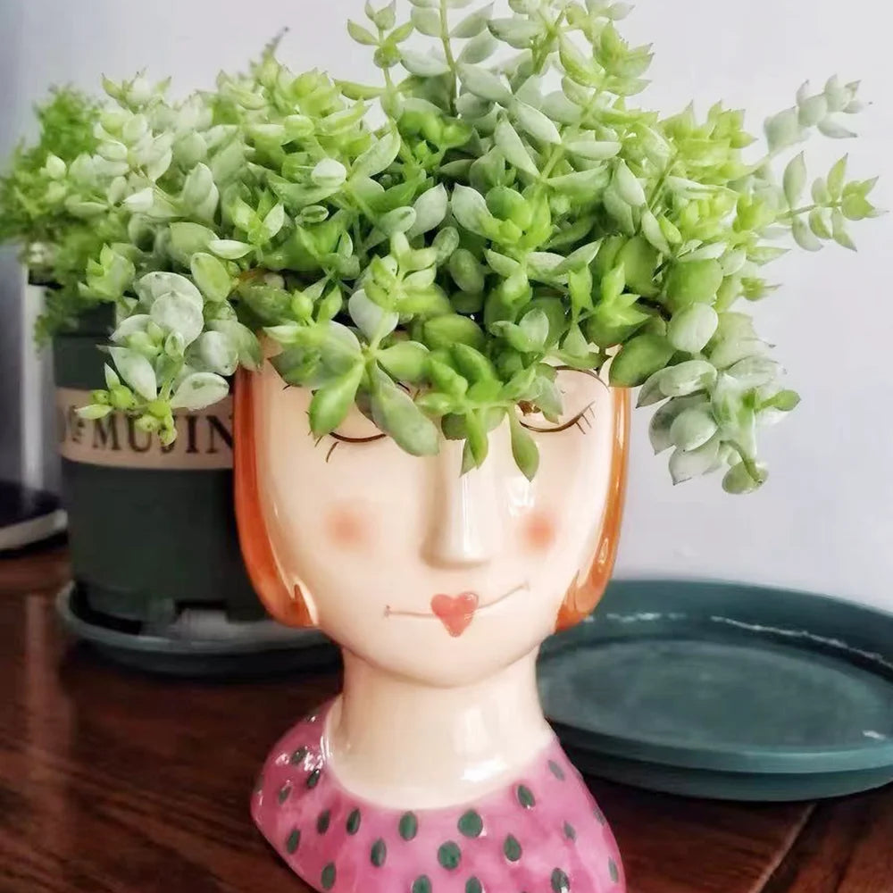 Statue Head Portrait Sculpture Ornament Bonsai Handmade Art Pot Bum Ceramic Vase Plaster Living Room Home Decor Dried Flowers