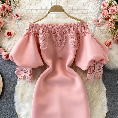Sexy Hollow Out Lace Bodycon Long Dress Women Elegant Red/Pink/White Off Shoulder Patchwork Maxi Party Vestidos 2021 Autumn New - Lootquake