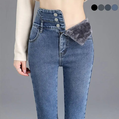Thermal Winter Thick Fleece High-waist Warm Skinny Jeans Thick Women Stretch Button Pencil Pants Mom Casual Velvet Jeans - Lootquake