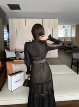 JSXDHK 2024 New Runway Designer Women Black Long Dress Elegant Spring Chiffon Patchwork Lace V Neck Lantern Sleeve Pleated Dress - Lootquake
