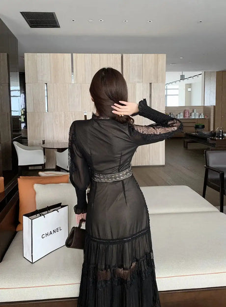 JSXDHK 2024 New Runway Designer Women Black Long Dress Elegant Spring Chiffon Patchwork Lace V Neck Lantern Sleeve Pleated Dress - Lootquake