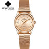 WWOOR 2023 Casual Women Dress Rose Gold Mesh Belt  Fashion Diamonds Wristwatch Waterproof Simple Female Quartz Watch Reloj Mujer - Lootquake