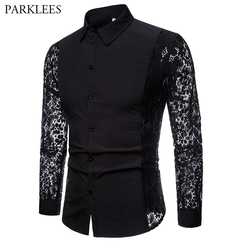 Mens Flower Patchwork Embroidery Lace Shirt 2019 Fashion Transparent Sexy Dress Shirts Mens See Trough Club Party Event Chemise - Lootquake