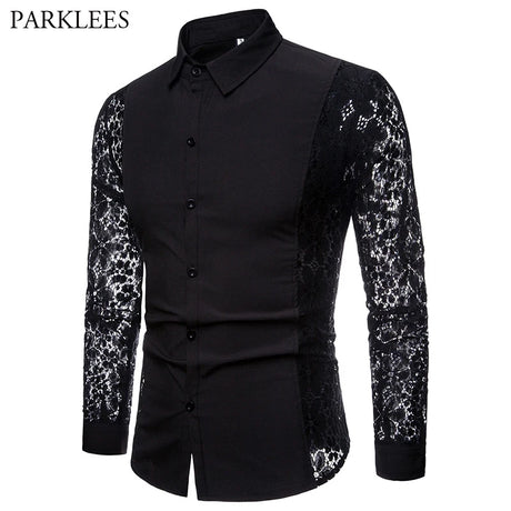 Mens Flower Patchwork Embroidery Lace Shirt 2019 Fashion Transparent Sexy Dress Shirts Mens See Trough Club Party Event Chemise - Lootquake