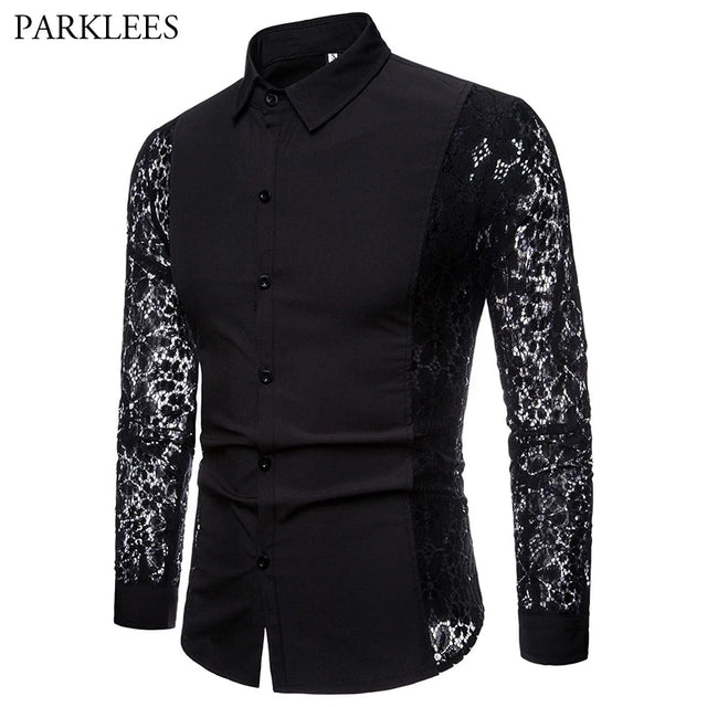 Mens Flower Patchwork Embroidery Lace Shirt 2019 Fashion Transparent Sexy Dress Shirts Mens See Trough Club Party Event Chemise - Lootquake