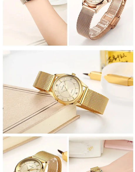 WWOOR 2023 Casual Women Dress Rose Gold Mesh Belt  Fashion Diamonds Wristwatch Waterproof Simple Female Quartz Watch Reloj Mujer - Lootquake