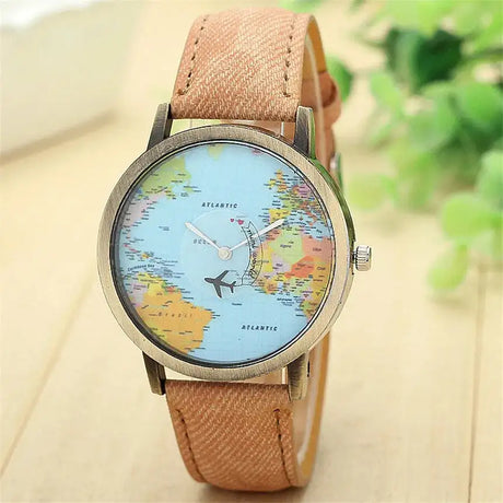 Cool Mini World Fashion Quartz Watch Men Unisex Map Airplane Travel Around The World Women Leather Dress Wrist Watches - Lootquake