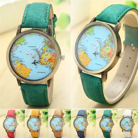 Cool Mini World Fashion Quartz Watch Men Unisex Map Airplane Travel Around The World Women Leather Dress Wrist Watches - Lootquake