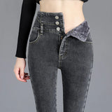 Thermal Winter Thick Fleece High-waist Warm Skinny Jeans Thick Women Stretch Button Pencil Pants Mom Casual Velvet Jeans - Lootquake