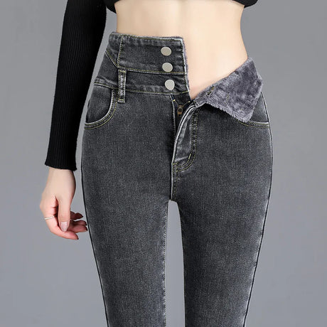 Thermal Winter Thick Fleece High-waist Warm Skinny Jeans Thick Women Stretch Button Pencil Pants Mom Casual Velvet Jeans - Lootquake