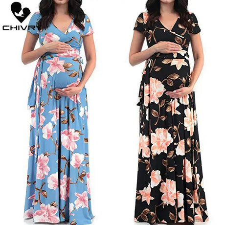 Chivry Maternity Dress Women Floral Print Short Sleeve V-neck Maxi Long Dress Pregnant Casual Clothes Summer Maternity Dress - Lootquake