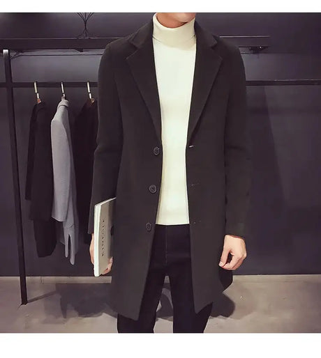 2024 Spring Autumn New Long Cotton Coat New Wool Blend Pure Color Casual Business Fashion Men's Clothing Slim Windbreaker Jacket - Lootquake