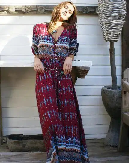 1pcs/lot Women Bohemia V-neck Three Quarter Sleeve Floral Print Ethnic Autumn Beach Boho Long Dress - Lootquake