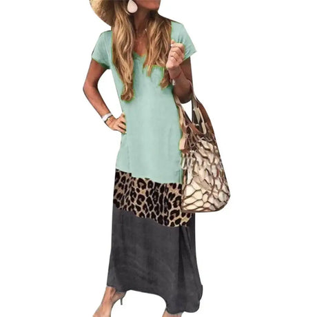 Casual Women summer dress  V Neck Short Sleeve woman dress Leopard Print Color Block Loose Long Dress dresses for women платье - Lootquake