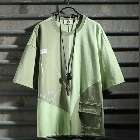 Old style hip hop fashion men's short sleeve T-shirt color matching style tooling 5-sleeve men's T-shirt - Lootquake