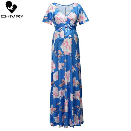 Chivry Maternity Dress Women Floral Print Short Sleeve V-neck Maxi Long Dress Pregnant Casual Clothes Summer Maternity Dress - Lootquake