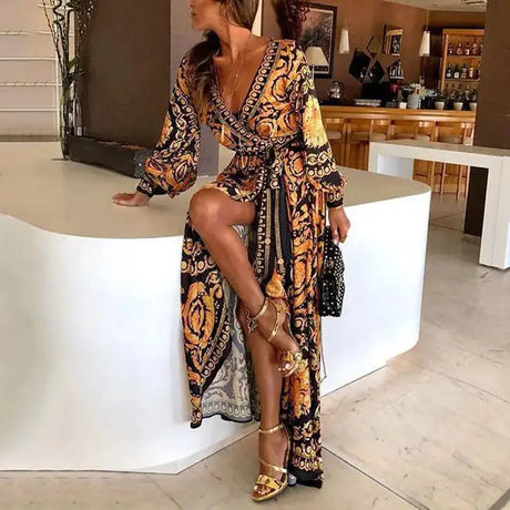 2021 New Style Fashion Elegant Women Sexy Boat Neck Glitter Deep V Neck Print Party Dress Formal Long Dress Sexy Clubwear - Lootquake