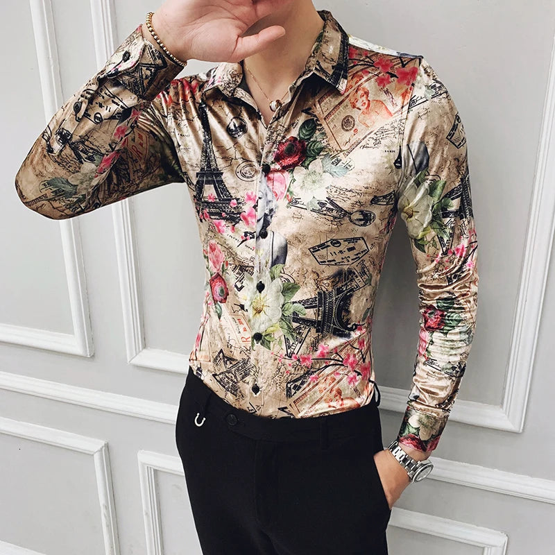 Ropa de franela con estampado de moda para invierno, elegante vestido de fiesta, camisas nuevas de manga larga, camisas casuales de terciopelo barroco, camisas de seda para hombre
