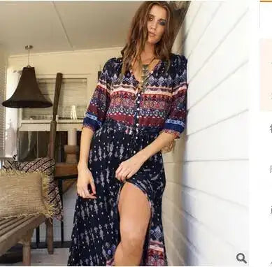 1pcs/lot Women Bohemia V-neck Three Quarter Sleeve Floral Print Ethnic Autumn Beach Boho Long Dress - Lootquake