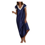 Women Summer Silk Sleepwear Short Sleeve V Neck Homewear Long Dress Nightgowns Sleepwear Sleep Tos Night Dress Underwear - Lootquake