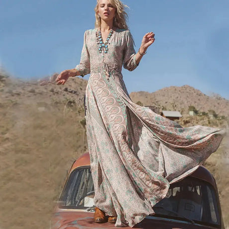 TEELYNN boho long dress Vintage 2023 floral print Chiffon three quarter sleeve v-neck summer Gypsy Hippie women dresses vestidos - Lootquake