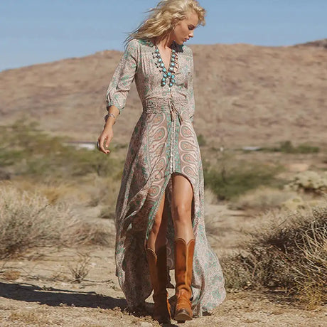 TEELYNN boho long dress Vintage 2023 floral print Chiffon three quarter sleeve v-neck summer Gypsy Hippie women dresses vestidos - Lootquake