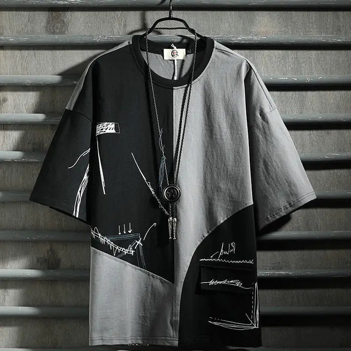 Old style hip hop fashion men's short sleeve T-shirt color matching style tooling 5-sleeve men's T-shirt - Lootquake