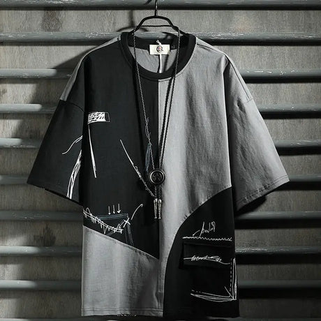 Old style hip hop fashion men's short sleeve T-shirt color matching style tooling 5-sleeve men's T-shirt - Lootquake