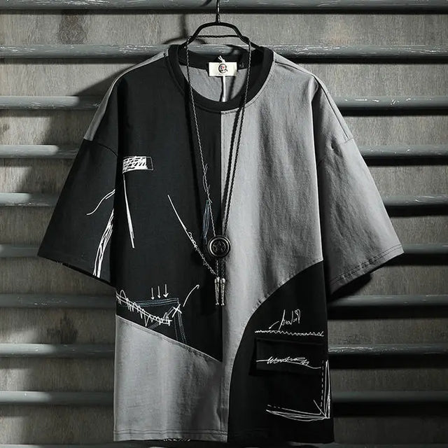 Old style hip hop fashion men's short sleeve T-shirt color matching style tooling 5-sleeve men's T-shirt - Lootquake
