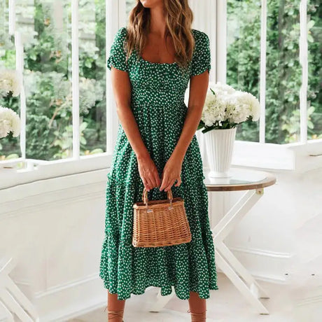 Vestidos Vintage Vintage Print Puff Sleeve summer Beach sweet dresses Casual Square collar floral maxi long dress 2024 festa - Lootquake