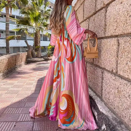 2023 Women Gorgeous Boho Print Maxi Beach Dress Summer Deep V Slit Elastic Waist Party Dress Elegant Holiday Long Dress Vestidos - Lootquake