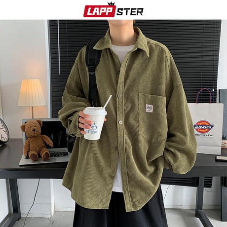 LAPPSTER Men Corduroy Vintage Autumn Shirts 2023 Mens Korean Fashion Harajuku Shirts Male Oversized Streetwear Colorful Shirts - Lootquake