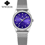 WWOOR 2023 Casual Women Dress Rose Gold Mesh Belt  Fashion Diamonds Wristwatch Waterproof Simple Female Quartz Watch Reloj Mujer - Lootquake