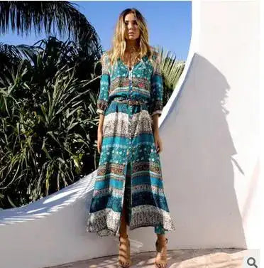 1pcs/lot Women Bohemia V-neck Three Quarter Sleeve Floral Print Ethnic Autumn Beach Boho Long Dress - Lootquake