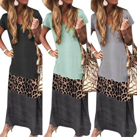 Casual Women summer dress  V Neck Short Sleeve woman dress Leopard Print Color Block Loose Long Dress dresses for women платье - Lootquake