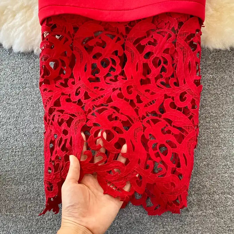 Sexy Hollow Out Lace Bodycon Long Dress Women Elegant Red/Pink/White Off Shoulder Patchwork Maxi Party Vestidos 2021 Autumn New - Lootquake