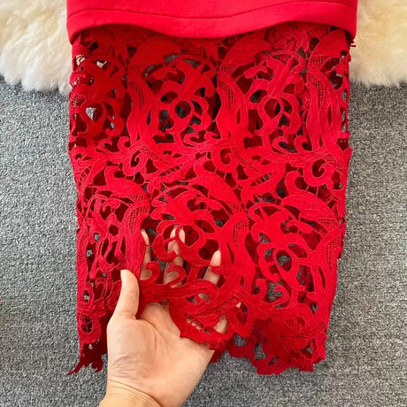 Sexy Hollow Out Lace Bodycon Long Dress Women Elegant Red/Pink/White Off Shoulder Patchwork Maxi Party Vestidos 2021 Autumn New - Lootquake