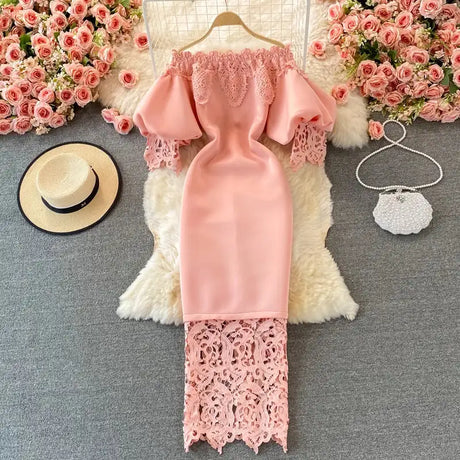 Sexy Hollow Out Lace Bodycon Long Dress Women Elegant Red/Pink/White Off Shoulder Patchwork Maxi Party Vestidos 2021 Autumn New - Lootquake
