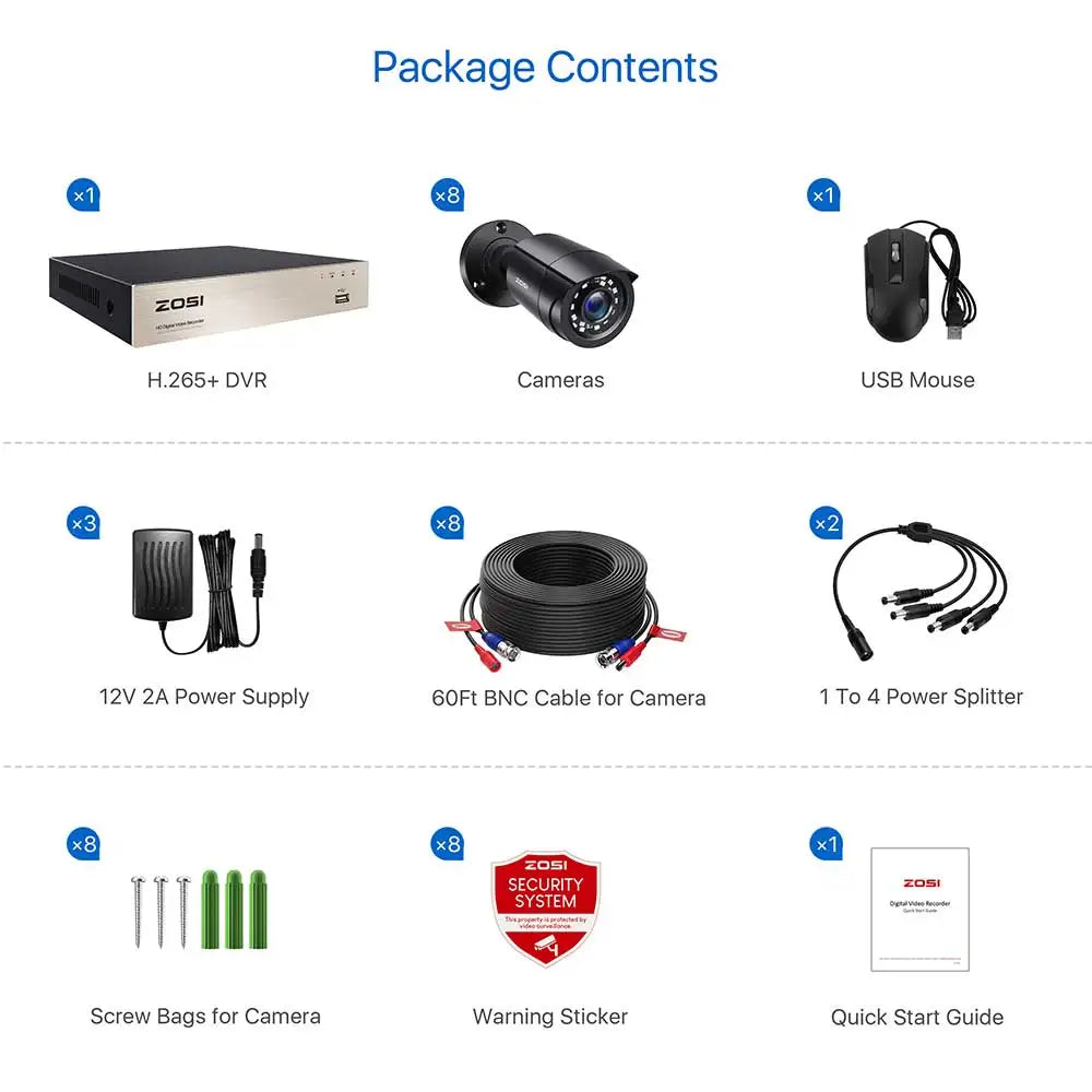 Sistema CCTV ZOSI de 8 canales H.265+, kit DVR Lite HD-TVI de 5 MP, 8 cámaras de seguridad para el hogar con visión nocturna para exteriores de 2 MP y 1080p.