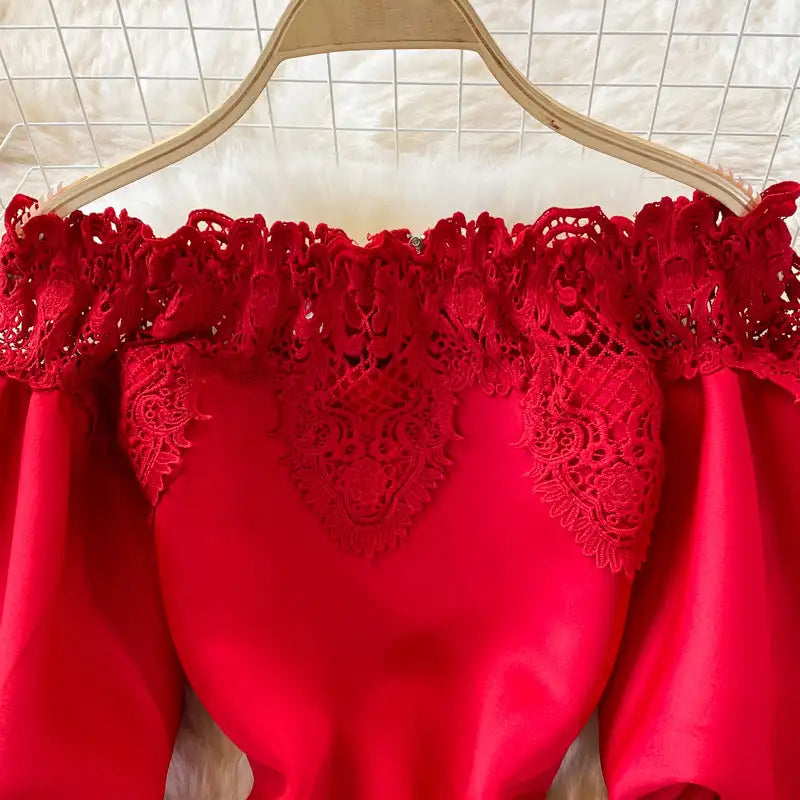 Sexy Hollow Out Lace Bodycon Long Dress Women Elegant Red/Pink/White Off Shoulder Patchwork Maxi Party Vestidos 2021 Autumn New - Lootquake