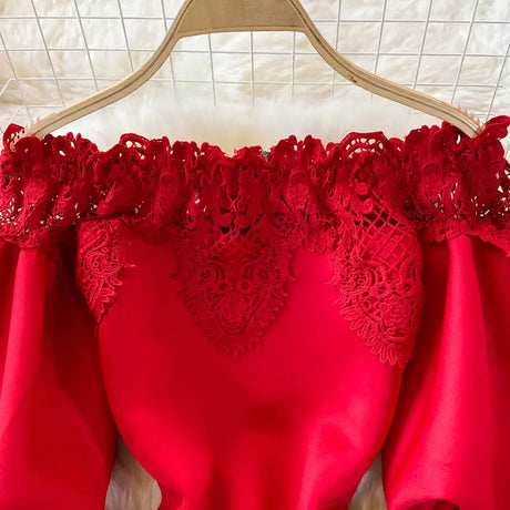 Sexy Hollow Out Lace Bodycon Long Dress Women Elegant Red/Pink/White Off Shoulder Patchwork Maxi Party Vestidos 2021 Autumn New - Lootquake