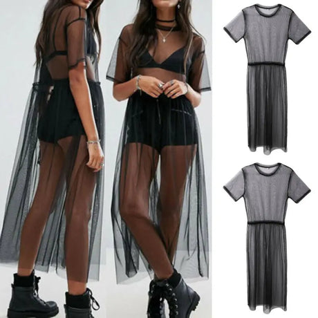Sexy Women Party Evening Black  See Through Mesh Dress Sheer Maxi Dress Tulle Lace long Dress Casual Sexy Party Vintage Bodycon - Lootquake